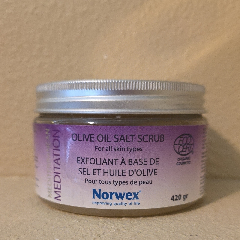 Norwex Olive Oil Salt Scrub with Purple and Silver Design